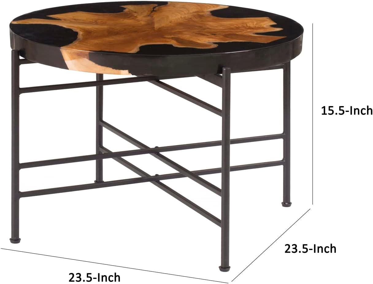 Benjara 24 Inch Round Accent Side Table, Teak Root Wood and Iron, Brown, Black