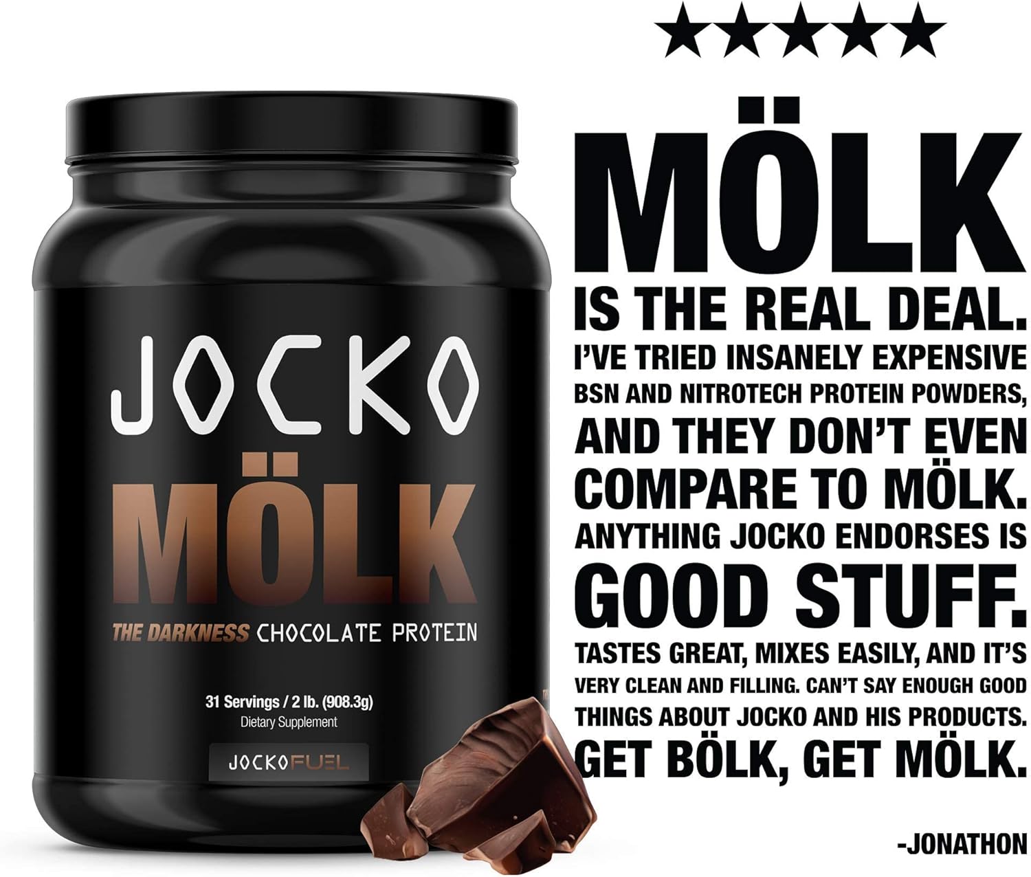 Jocko Mölk Protein Powder (Chocolate) - Keto, Probiotics, Grass Fed Whey, Digestive Enzymes, Amino Acids, Sugar Free Monk Fruit Blend - Supports Muscle Recovery and Growth - 31 Servings Pack of 2