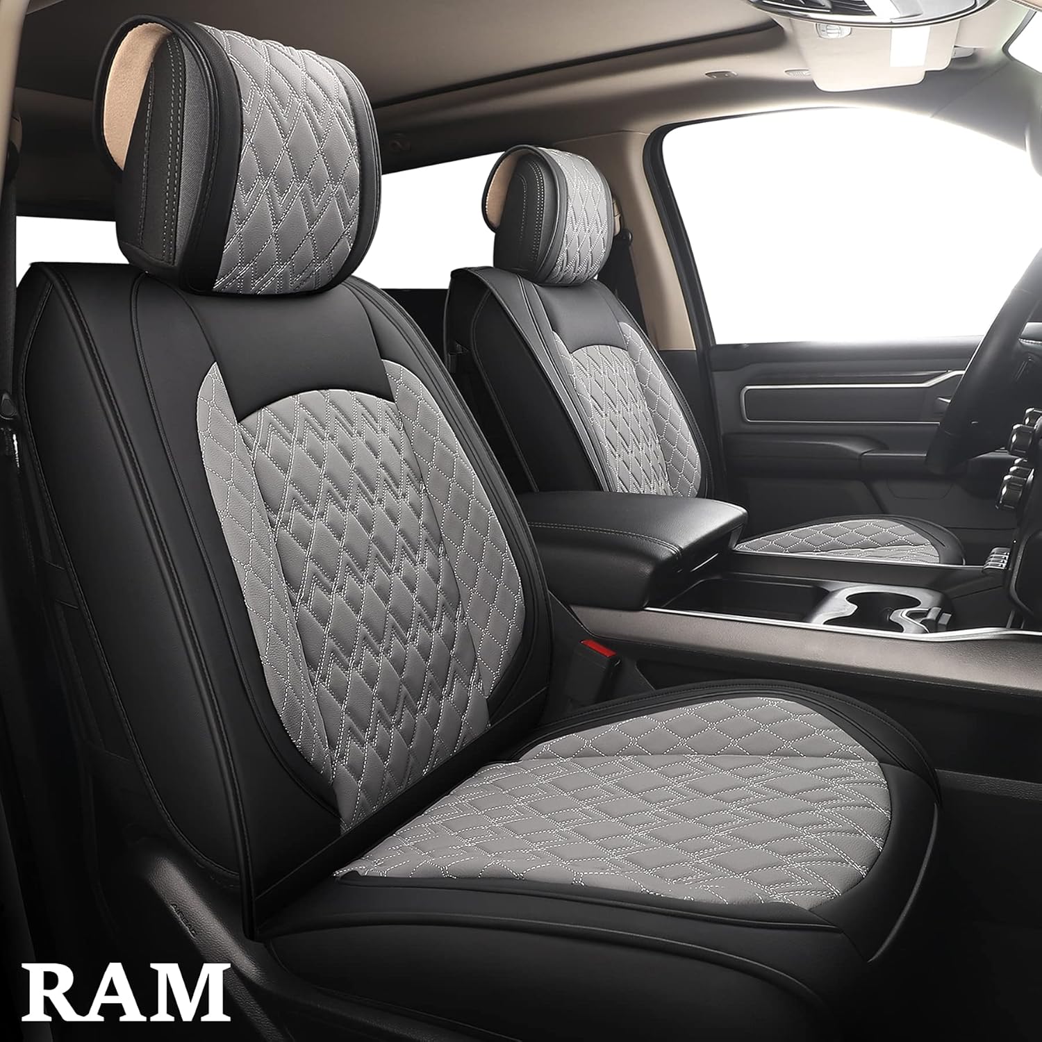 JOJOBAY Car Seat Covers for Dodge Ram 2 Pcs Front,Fit Ram 2009-2022 1500/2500/3500 Pick-up Truck,Crew,Regular,Quad,Mega Cab,Waterproof Synthetic Leather Seat Covers Protectors（2 PCS Front,Black-Grey）