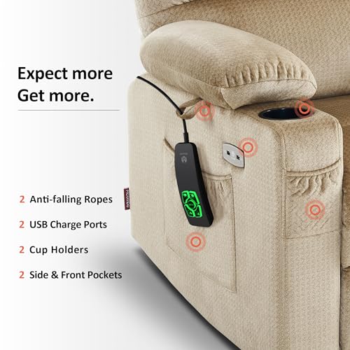 MCombo Large Dual Motor Power Lift Recliner Chair for Elderly, Massage and Heat, Lay Flat, Zero Gravity, Home Button, USB Port, Fabric 7680 (Large, Beige)