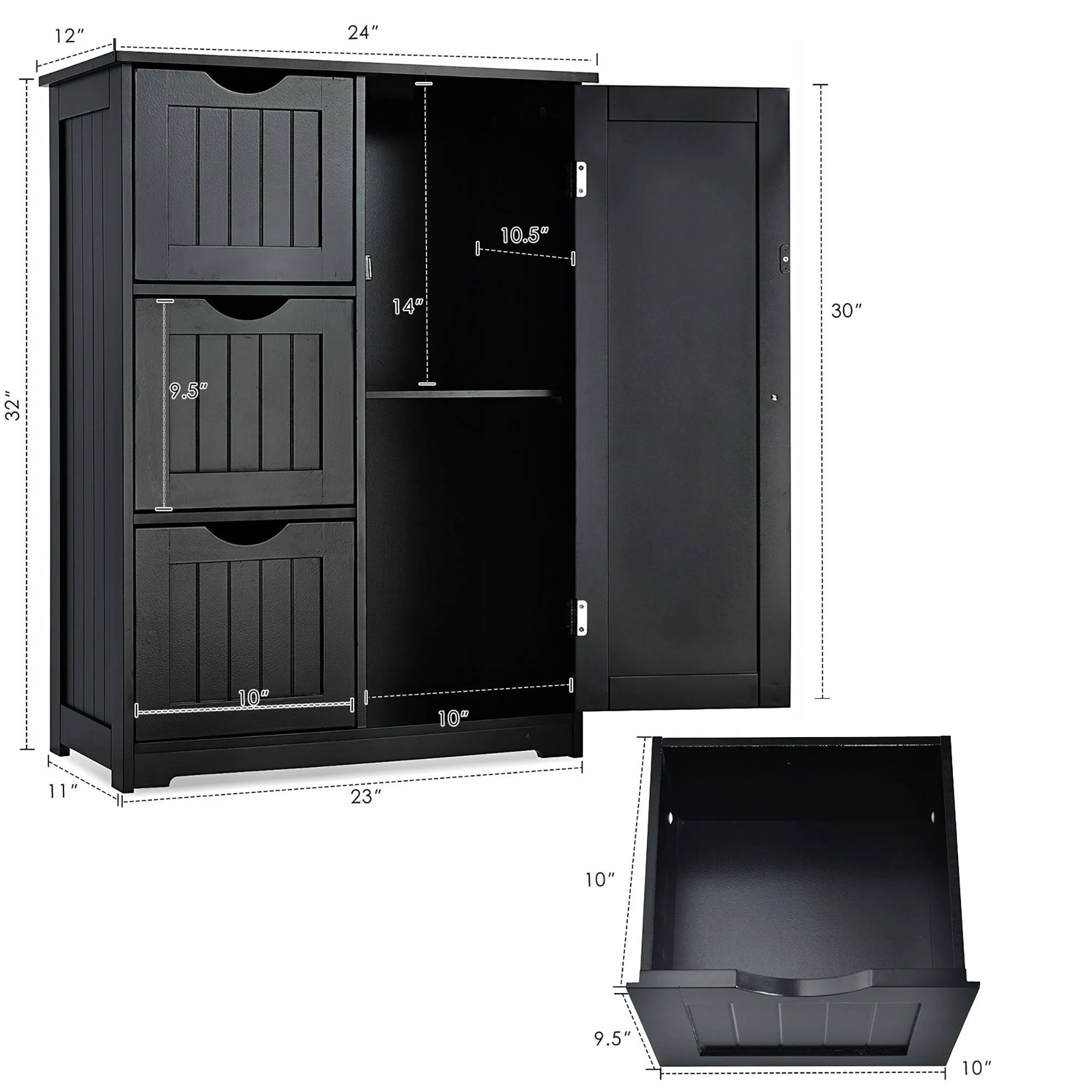 Bathroom Floor Cabinet Wooden with 1 Cupboard and 3 Drawers - Grey