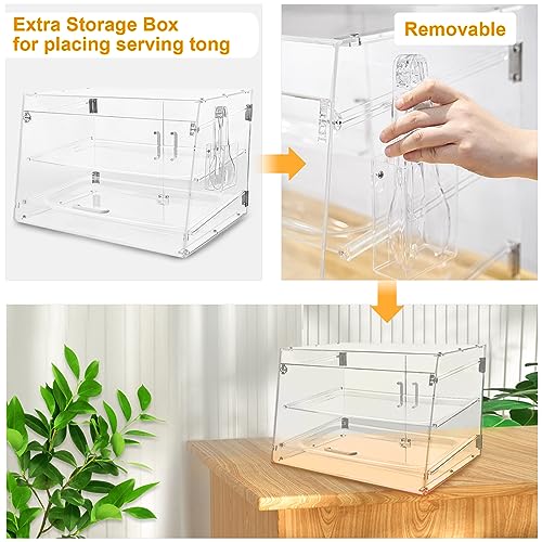 3 Tray Commercial Countertop Bakery Display Case 21" x 17.3" x 14" Acrylic Pastry Display Case with Serving Tong, Bread Display Case with Front & Rear Doors
