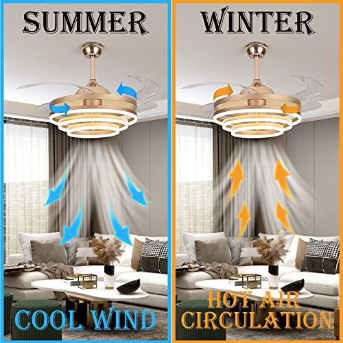42" Invisible Ceiling Fan Chandelier Light,Modern DIY Ceiling Fan Light Remote Control 4 Retractable ABS Blades for Bedroom Living Dining Room Decoration (42", Gold)