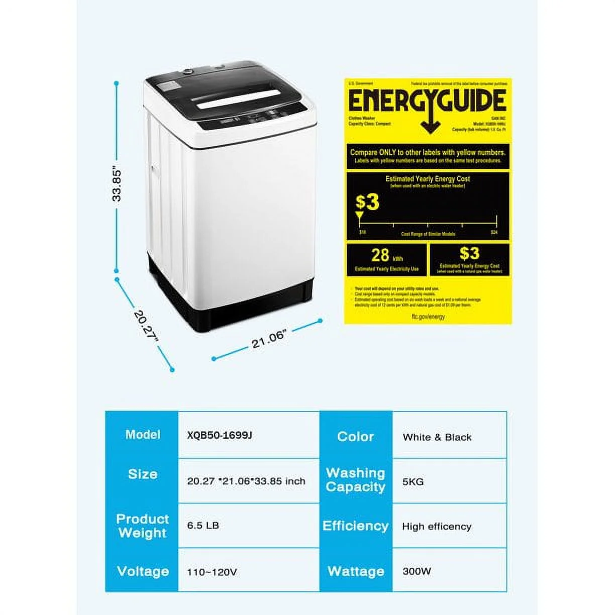 Portable Washing Machine 1.5 Cu.Ft, Compact Washer with 11lbs Capacity, 8 Wash Programs Laundry Washer with Drain Pump, Full Automatic Washer for Apartments, Camping, Dorms, College Rooms, Rv’s, White