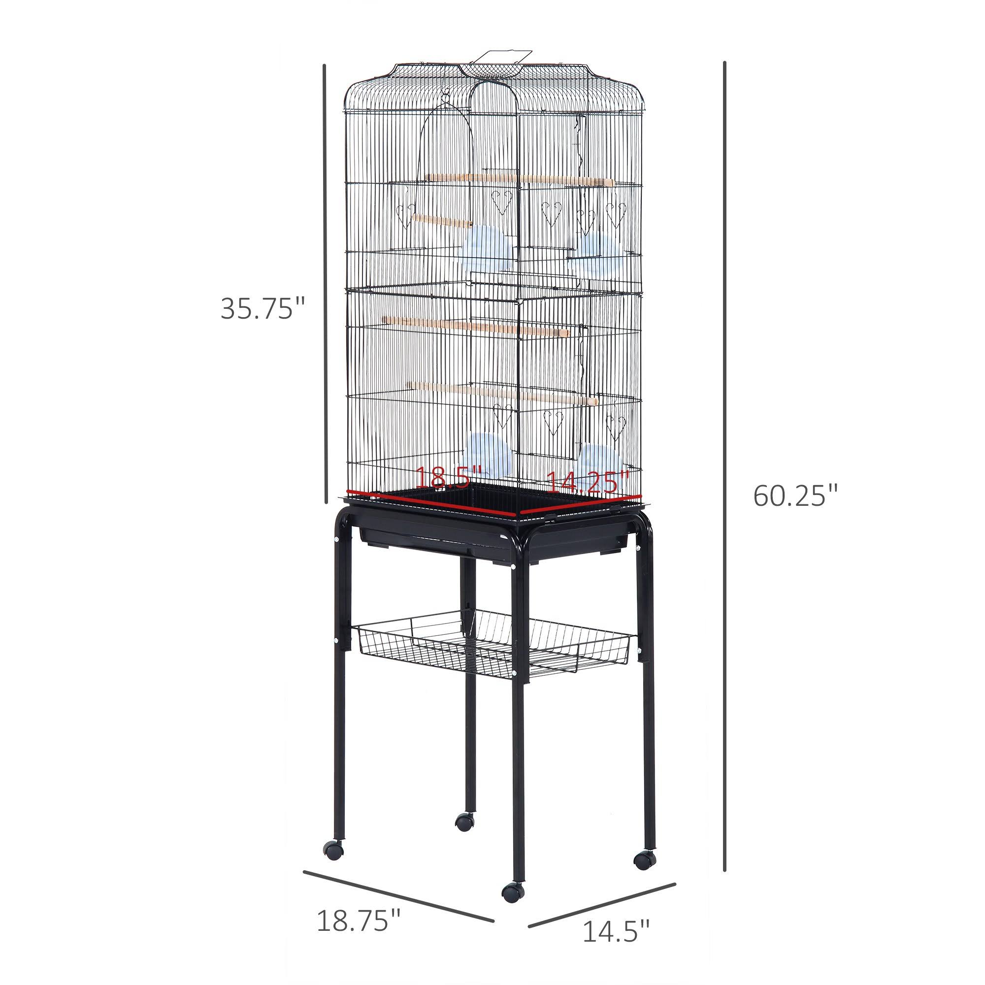 PawHut 63x22 Metal Indoor Bird Cage Starter Kit with Detachable Rolling Stand, Storage Basket, and Accessories - Black