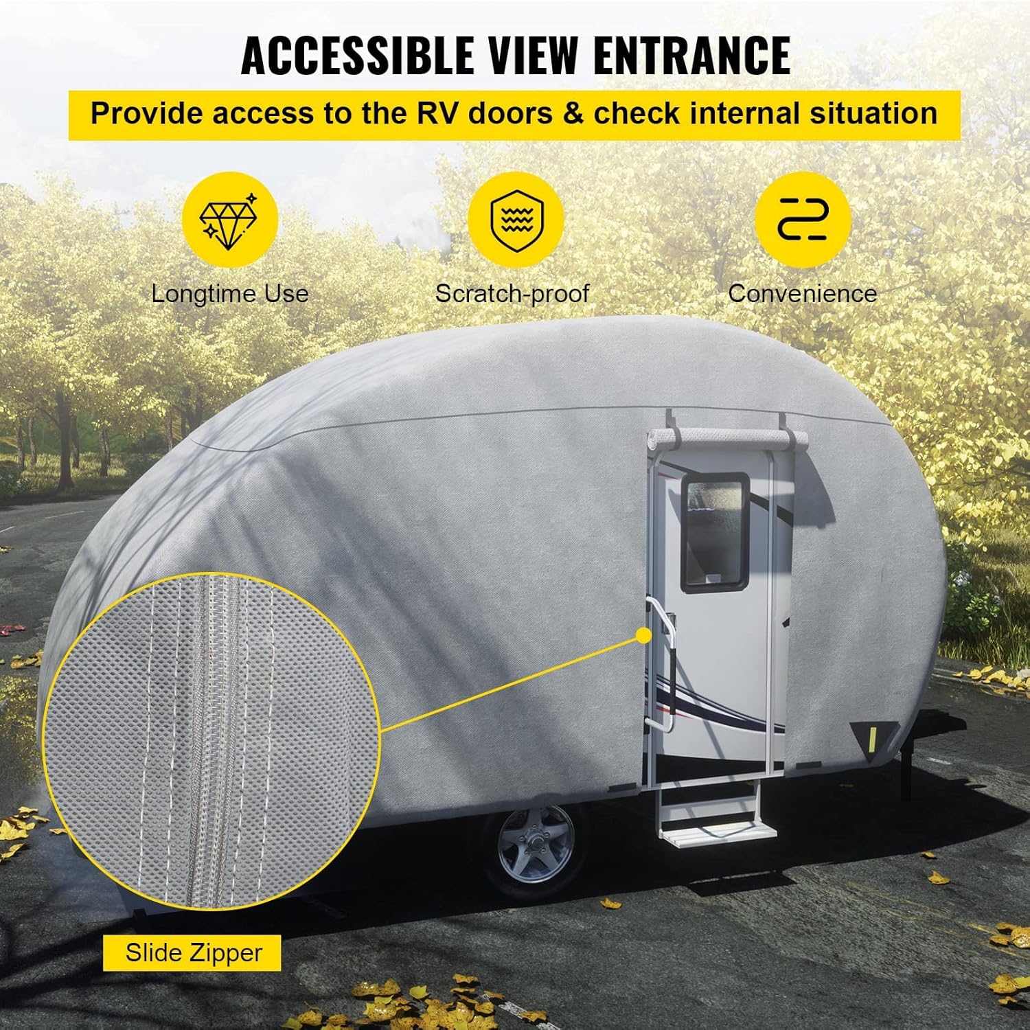 VEVOR Teardrop Trailer Cover, Fit for 8' - 10' Trailers, Upgraded Non-Woven 4 Layers Camper Cover, UV-proof Waterproof Travel Trailer Cover w/ 2 Wind-proof Straps and 1 Storage Bag