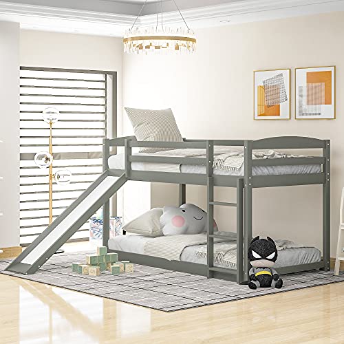 Twin Over Twin Bunk Bed with Convertible Slide and Ladder,Solid Pinewood Bed Frame, Low Bunk Bed with Safety Guardrails, Suitable for Kids Teen, No Box Spring Needed, White