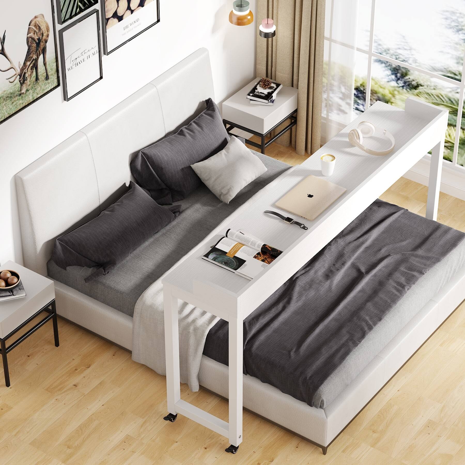 Overbed Table with Wheels, Tribesigns Queen Size Bed Table Overbed Laptop Table (Height Can&t ADJUST) - White