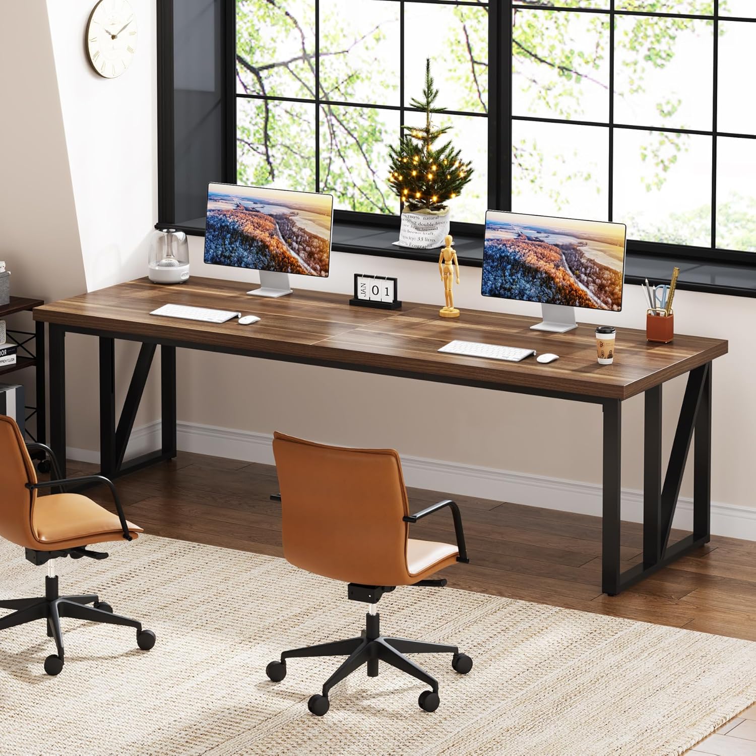 Tribesigns 2 Person Computer Desk: 78.7 Inches Extra Long Double Desk, Large Wood Home Office Desk, Industrial Craft Study Writing Table, Workstation Office Business Furniture, Brown