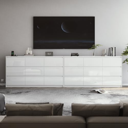 10 Drawer Dresser, White Dresser for Bedroom, High Gloss Modern Dresser & Chest of Drawers, 55" Long Dresser TV Stand, Large Double Dresser for Bedroom