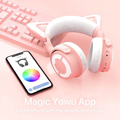 YOWU Cat Ear Headphones 4GS -Wireless Bluetooth Noise Cancelling Headphones, RGB Gaming Headset with Mic & 2.4G USB/Type C Dongle for PC/PS4/PS5/XBOX/Switch
