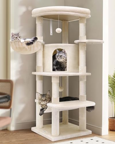 Globlazer Corner Cat Tree for Large Cats, 66inch Tall Curved Series Large Cat Tower for Multiple Indoor Cats with 6 Scratching Posts, 2 Spacious Cat Condos, Hammock, Hanging Basket, C66, Beige