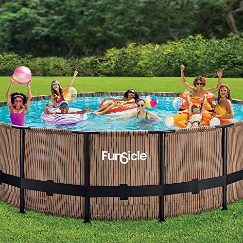 Funsicle 14' x 42" Oasis Designer Round Frame Above Ground Outdoor Swimming Pool Set with SkimmerPlus Filter Pump, Ladder, and Pool Cover, Gray