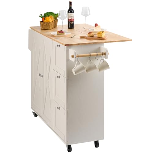 VEVOR Kitchen Island Cart with Solid Wood Top, 35.4" Width Mobile Carts with Storage Cabinet, Rolling Kitchen Table with Spice Rack, Towel Rack, and Drawer, Portable Islands on Wheels, White