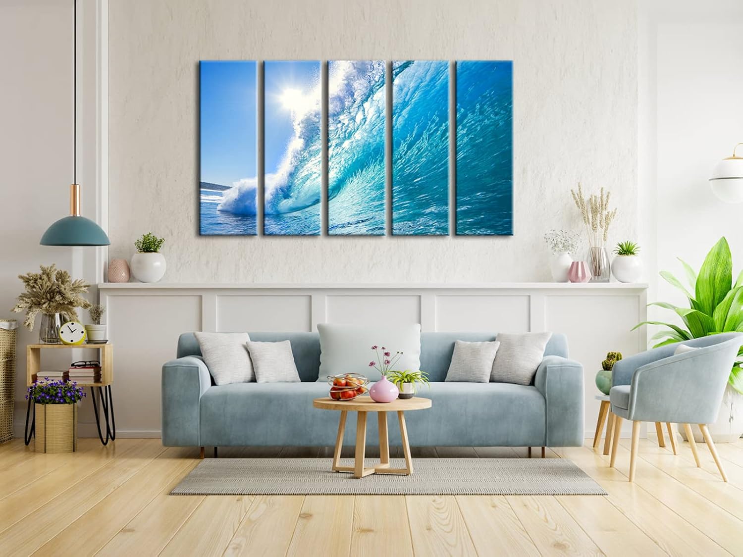 Wieco Art Sea Waves Large 5 Piece Modern Framed Giclee Canvas Prints Seascape Artwork Ocean Beach Pictures Paintings on Canvas Wall Art Ready to Hang for Living Room Bedroom Home Office Decorations
