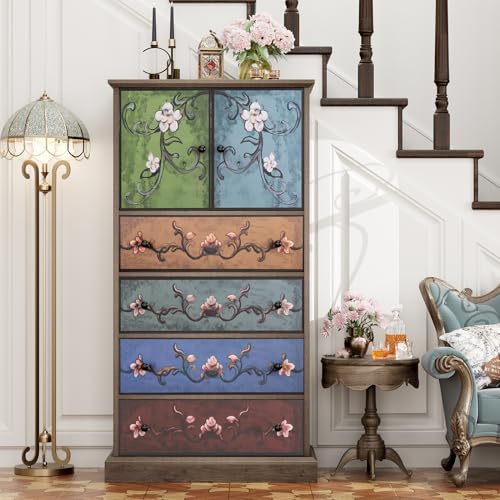 FINETONES 50’’ Tall Dresser, Boho Dresser Vintage Dressers with 4 Drawers and 2 Doors, Wood Chests of Drawers for Home, 16.1D x 23.6W x 50H Inch
