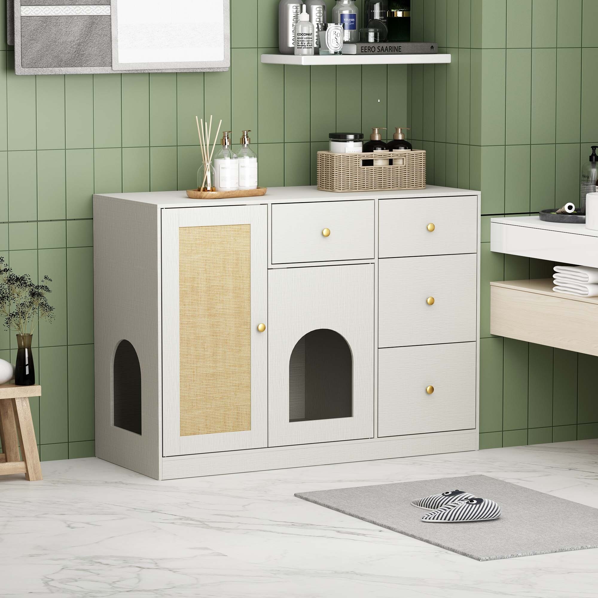 47.2" Cat Litter Box Enclosure Furniture with 4 drawers & Sisal door