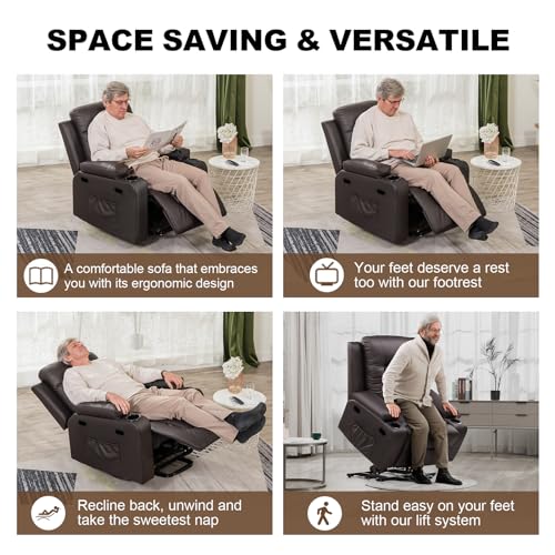COMHOMA Power Lift Recliner Chair for Elderly and Adults Electric PU Leather Recliners Electric Sofa Chair with Massage & Heat, Cup Holders, Side Pockets (Brown)