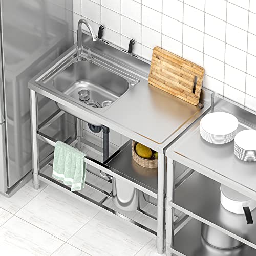 Stainless Steel Commercial Kitchen Sink, Free Standing, Single Bowl Sink Basin with Cold & Hot Water Faucet, Indoor and Outdoor Sink, 21.7 in