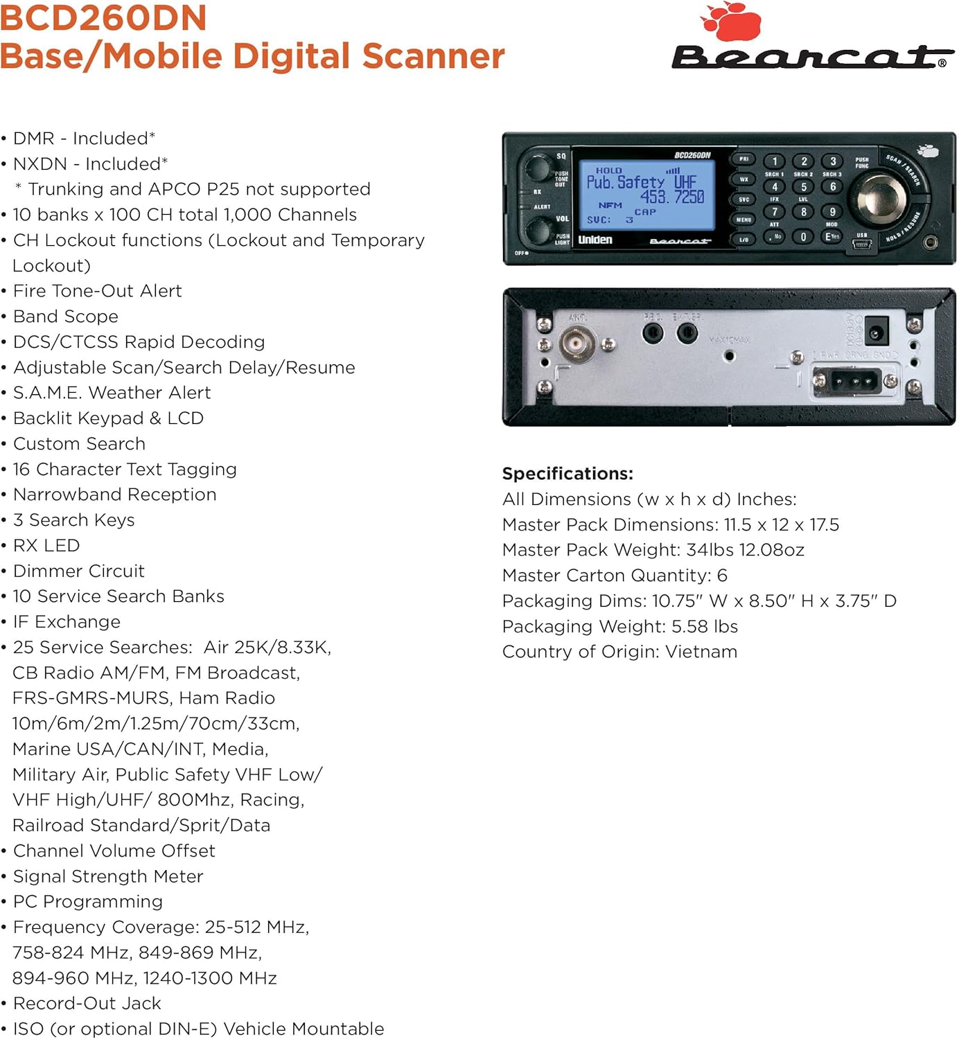 Uniden Bearcat BCD260DN Base/Mobile Digital Scanner, Performance Features, Band Scope Rapid System/Channel Number Tagging, Narrowband Reception, Search Features to Detect Signals Faster than Ever