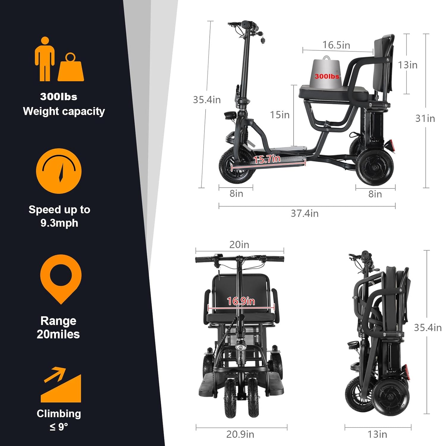 Folding Mobility Scooters for Adults, Dual Front Wheels, Airline Approved, Ultra Lightweight Folding Scooter, 20 Miles Electric Scooter with Seat for Adults