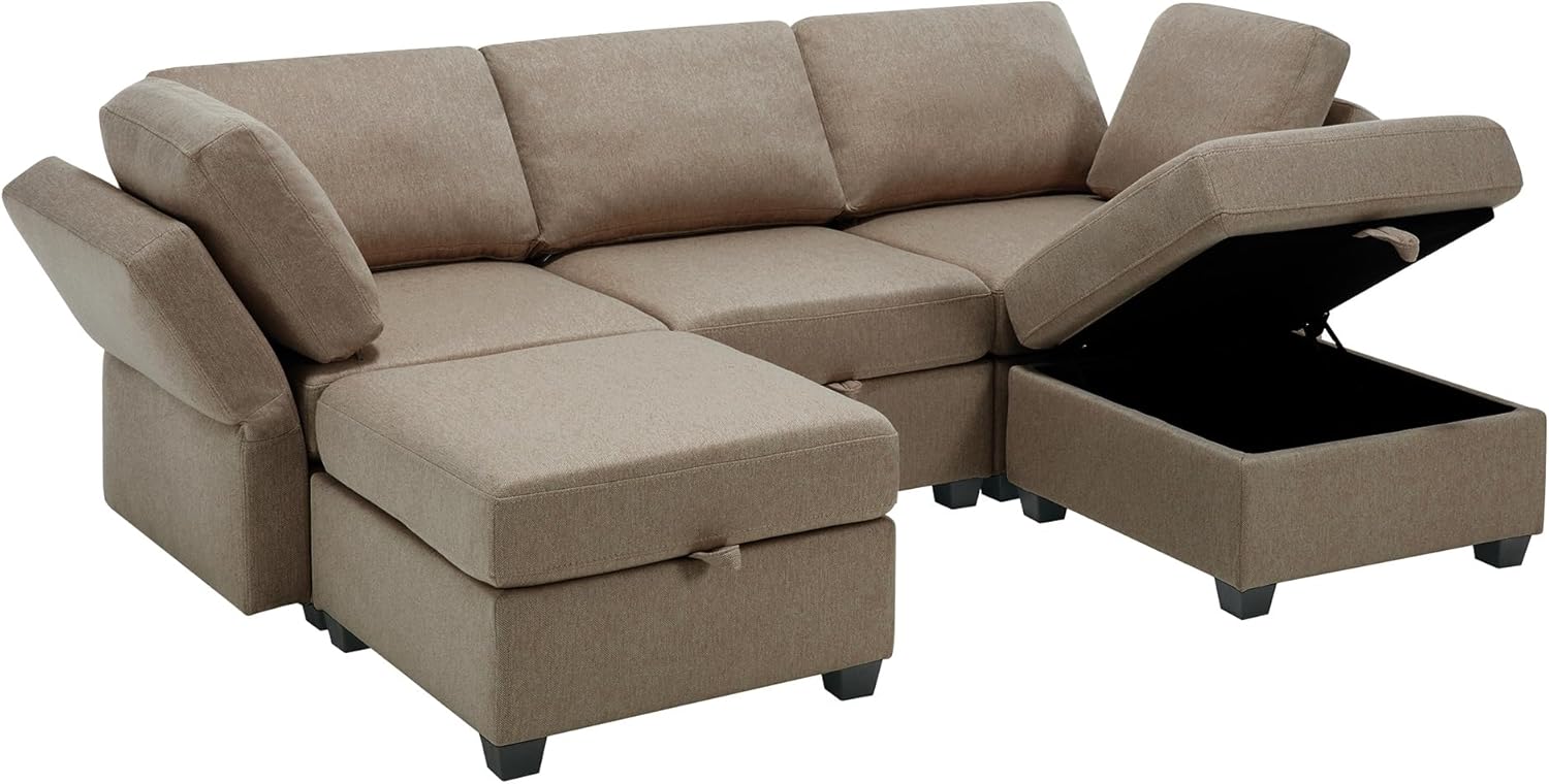 Reversible Sectional Sofa Modern Modular Sectional Couch with Chaise U Shaped Corner Sectional 5 Seater Modular Sofa with Storage Seats, Adjustable Arms and Backs - Brown
