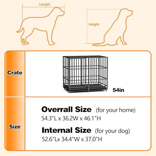 48 Inch Heavy Duty Indestructible Dog Crate Steel Escape Proof, Indoor Double Door High Anxiety Cage, Kennel with Wheels, Removable Tray, Extra Large XL XXL