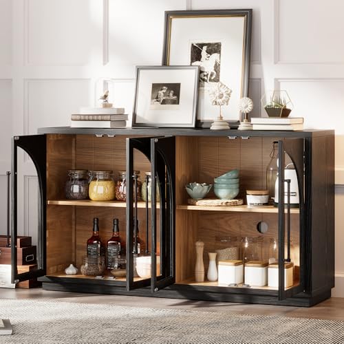 Amposei Retro Accent Sideboard 60-Inch Glass Doors Console Storage Cabinet Credenza Buffet Cabinet with Adjustable Shelves for Living Dining Room Kitchen, Navy Blue