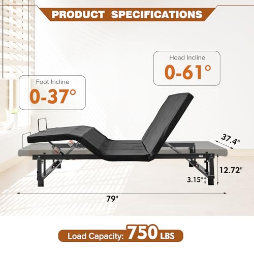 Twin XL Adjustable Bed Frame, Wireless Remote Control Electric Bed Frame, Zero Gravity Base, Head Foot Incline for Stress Management, Lounging, Reading, Anti-Snore