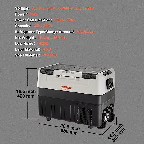 VEVOR Portable Car Refrigerator, 12 Volt Refrigerator with Compressor, -4℉ to 68℉, DC 12/24V, AC 110-240V(Home & Car Use)