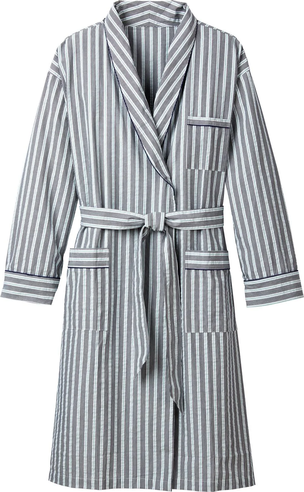 Men&s Striped Cotton Seersucker Robe - Navy - XL - Vermont Country Store