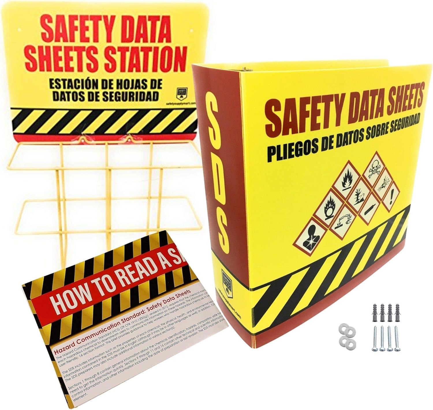 SDS Display Rack -Set with 3 Inch Heavy Duty Ring Binder, Wire Rack, SDS Station Sign, Chain, Mounting Hardware, SDS Poster Included