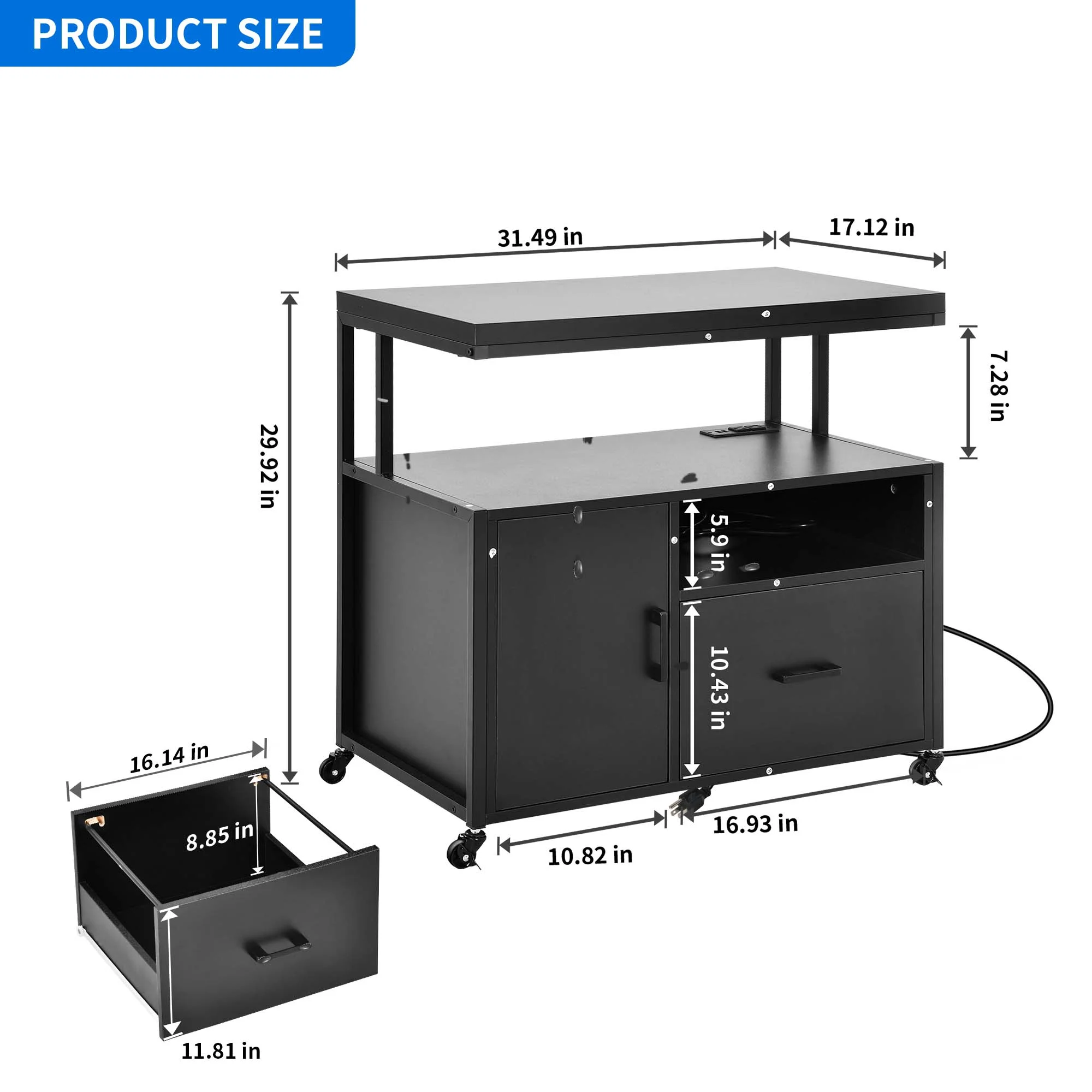DWVO Wood File Cabinet with Charging Station, Rolling Lateral Filing Cart with Door & Printer Shelf for A4 Letter Size Files for Home Office