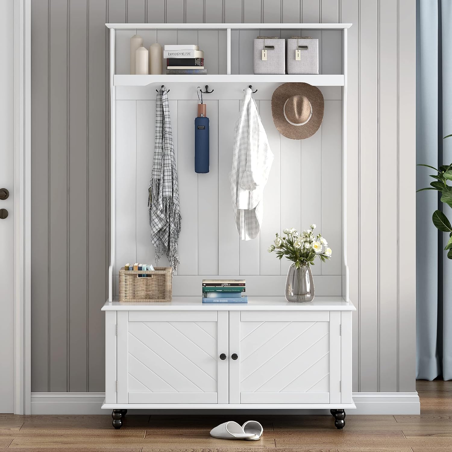 Modern 40" 3-in-1 Design Hall Tree with 4 Hooks, Coat Hanger, Entryway Storage Bench, for Entrance, Hallway, White, OneSize