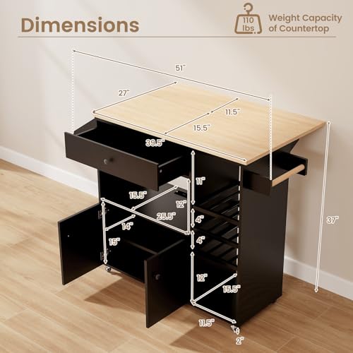 Giantex Rolling Kitchen Island Cart with Drop Leaf, Power Outlet, Spice Rack, 12 Wine Rack, Glass Holder, Drawer, Storage Cabinet, Towel Rack, Island Table for Breakfast Coffee Bar (Rustic Brown)