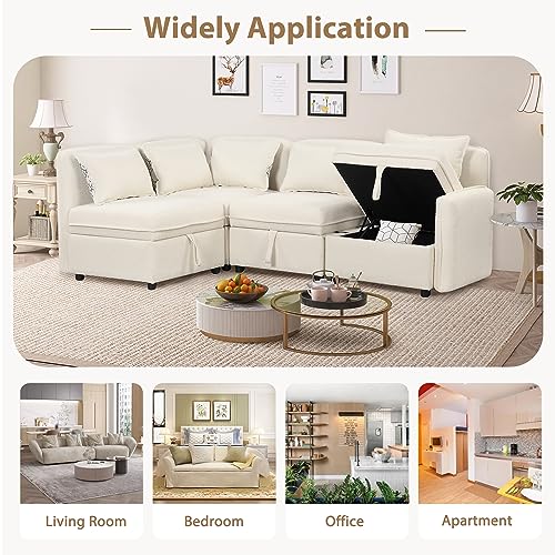 Convertible Modular Sectional Sofa with Storage, 122.8" Modern Chenille Fabric Couch Minimalist Sofa with 5 Pillows for Living Room, Office, Apartment, Space Saving, Free Combination, Cream
