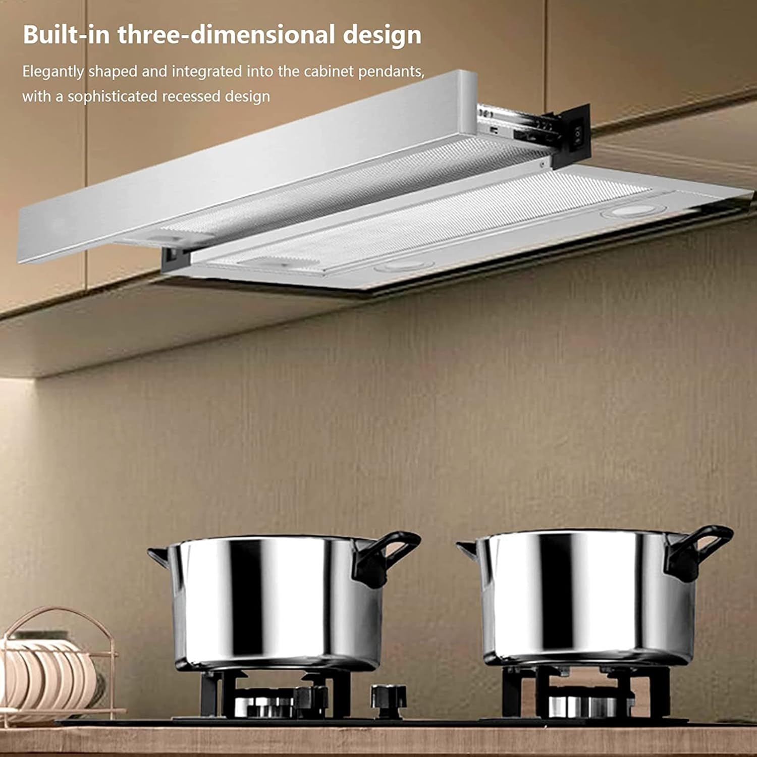 Kitchen Cooker Hood, Stainless Steel Extractor Hood, 600mm Built-in Extractor Fan with LED Light, Top Vented Range Hood, Hidden Pull-out Range Hood