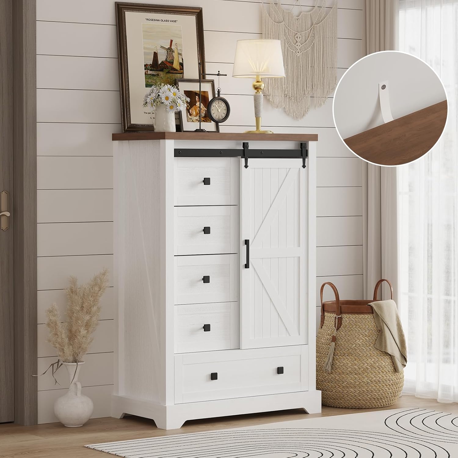 GAOMON Farmhouse 5 Drawers Dresser,47" Tall Chest of Drawers w/Sliding Barn Door, Rustic Wood Dressers Organizer w/Adjustable Shelves for Bedroom, Living Room, Hallway,Entryway,Kitchen