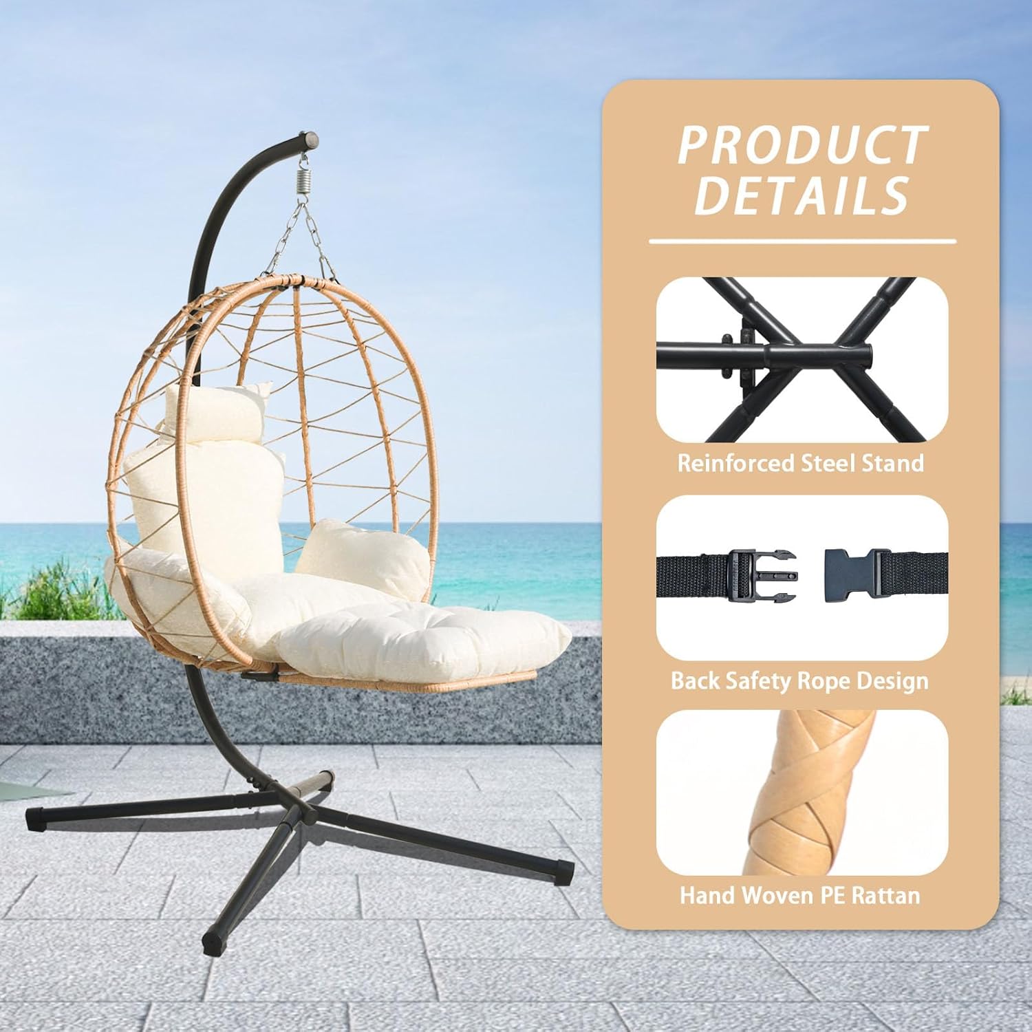 Hanging Egg Chair with Stand Indoor Swinging Chair Outdoor Hammock Egg Chair for Patio, Bedroom, Garden and Balcony (Single with Leg support Milky White, Small)