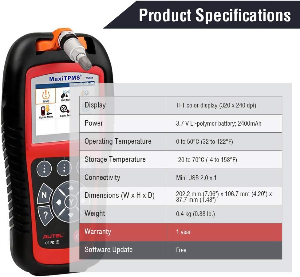 Autel MaxiTPMS TS601, Upgraded of TS508K/TS508/TS408, Wirelessly Sensor TPMS Reprogramming Activation Relearn Tool with OBDII Code Reader Function