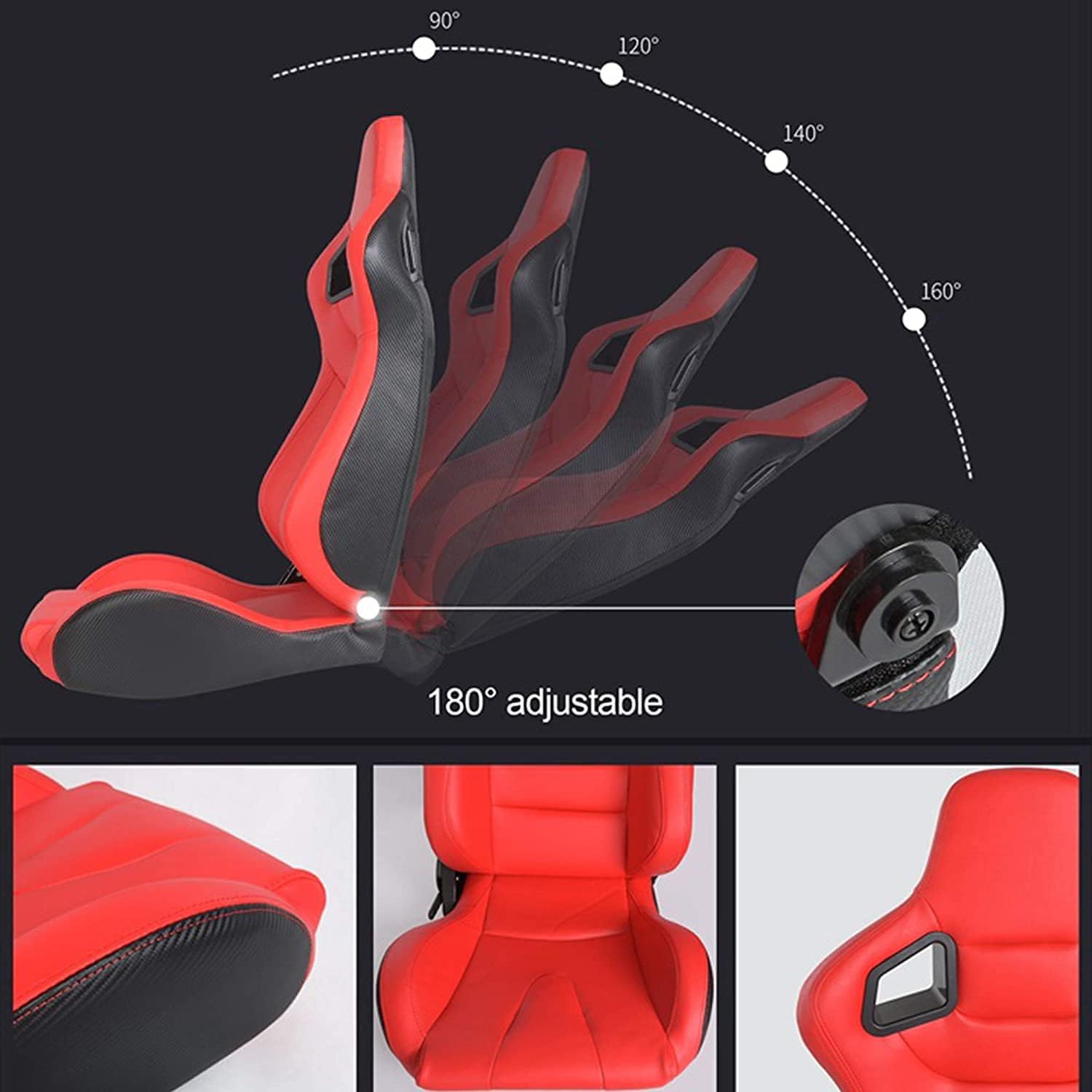 Racing Seats, Pair of PVC Leather Racing Bucket Seats with Dual Sliders, Black with Black Stitching