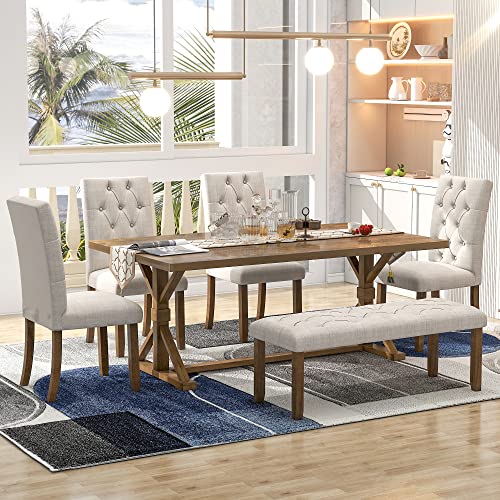 6-Piece Farmhouse Dining Table Set, 72" Wood Rectangular Table, 4 Upholstered Chairs with High Back and a Bench for Living, Guest Room, Home Bar and Kitchen (Gray)