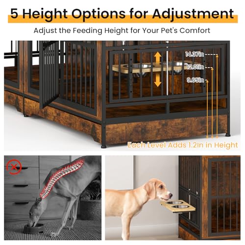 86 Inch Double Dog Crate Furniture with Divider, 4 Combination Forms Large Dog Kennel Furniture for 2 Dogs, Rustic Brown Corner Dog Kennel for Small Medium Large Dogs