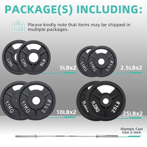 Olympic Cast Iron 2-Inch Weight Plates Including 5FT Olympic Barbell Bar & Safely Locks, 100 Pounds Set (85 lbs Plates + 15 lbs Barbell Bar), Multiple Packages