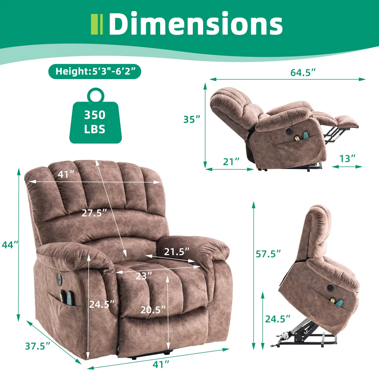VIVIJASON Heavy Duty and Safety Motion Overstuffed Recliners with Heat & Massage for Elderly People, Large Electric Power Lift Recliner Chair with 2 Remote Controls, Side Pockets & USB Ports, Brown
