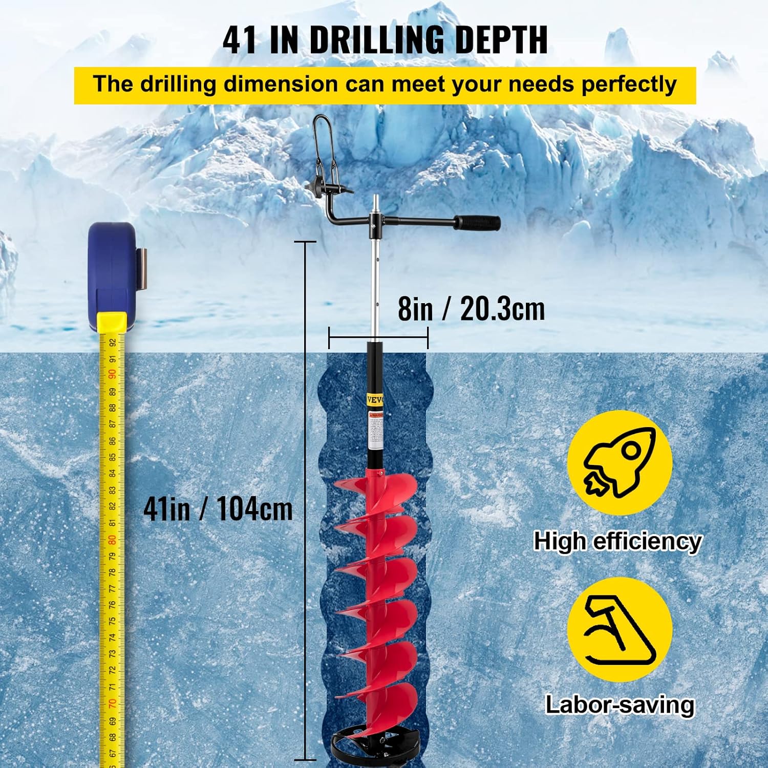 VEVOR Ice Drill Auger, 8'' Diameter Nylon Ice Auger, 41'' Length Ice Auger Bit, Auger Drill w/ 14'' Adjustable Extension Rod, Rubber Handle, Drill Adapter, Replaceable Auger Blade for Ice Fishing Red