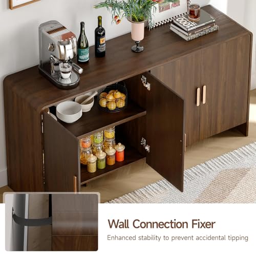 60" Sideboard Buffet Cabinet with Storage, Curved Design Farmhouse Coffee Bar Cabinet with 4 Doors & Adjustable Shelves for Living Room, Kitchen, Hallway, Walnut
