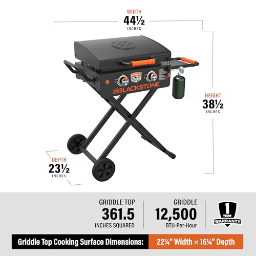 Blackstone 22” On The Go Scissor-Leg Griddle with Two Burners -Stainless Steel Gas Griddle with Hood, Wheels, Side Shelf –Heavy Duty Outdoor Stainless Steel Griddle for Backyard, Patio Camping –1935