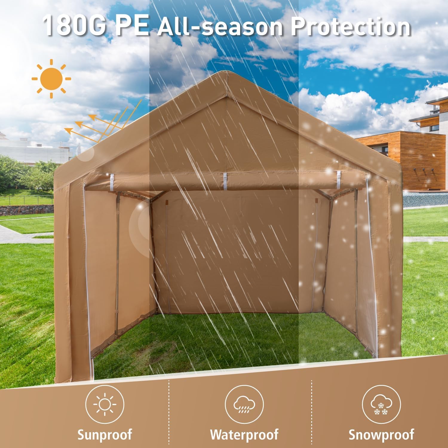 10x20ft Heavy Duty Carport Car Canopy, Portable Garage with Removable Sidewalls & Doors, UV Protected & Waterproof All-Season Tarp for SUV, Car, Truck, Boat, Beige
