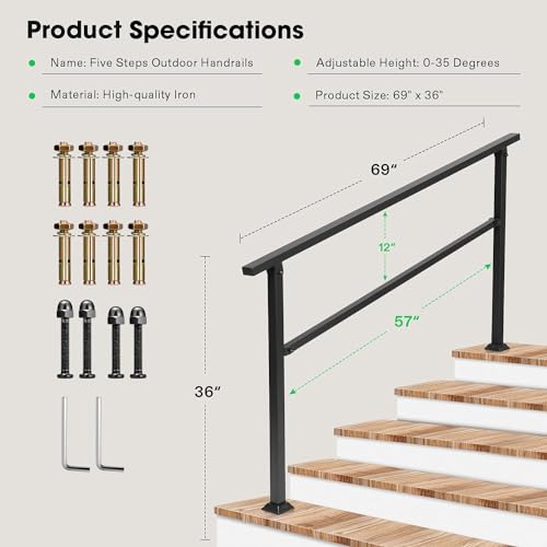VIVOSUN Outdoor Handrail, 6 Step Stair Handrail, 83" x 36" Fits 1 to 6 Steps, Wrought Mattle Iron Handrail for Concrete Steps, Porch Steps, One-step Assembly, Black